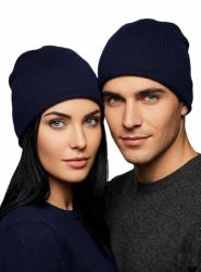 unisex plain knit blue hat in 100% cashmere made in Italy