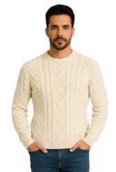 pull ras du cou pour homme en point d'Aran 100% cachemire premium made in Italy