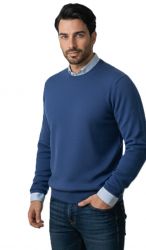 pull homme col rond bleu aviation 100% cachemire léger jauge 12 made in italy