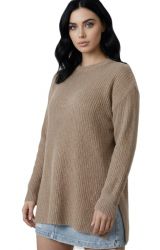 damski oversize sweter prążkowany z okraglym dekoltem 100% kaszmir made in Italy