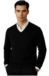 men’s v-neck sweater black 100% cashmere light gauge 12 made in italy