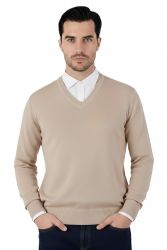 men’s v-neck sweater beige 100% cashmere light gauge 12 made in italy