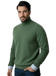 sweter męski z golfem zielony militarny 100% kaszmir lekka splot 12